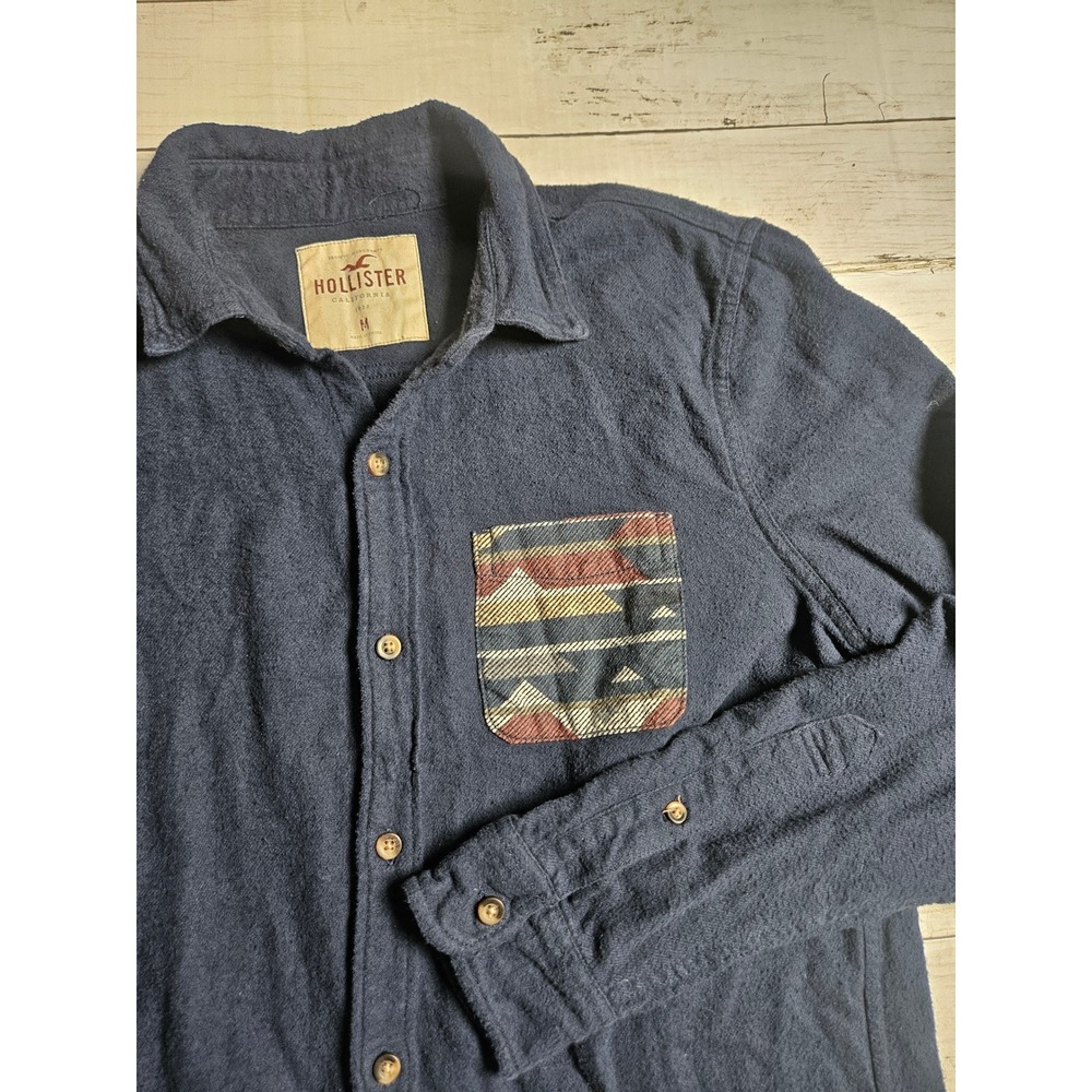 Hollister Mens Navy Blue Textured Cotton Button Down Shirt Southwestern Pocket M